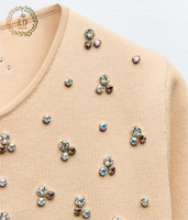 KD fabrication de tricot personnalisé OEM ODM concepteur simple strass perlé cristal veste à manches courtes tricots femmes Cardigan pull