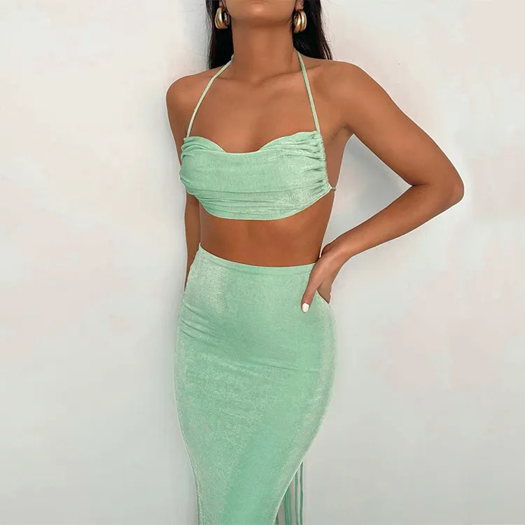Oem Odm Clothing Elegant Green Halter Tops 2 Piece Skirt Set Slim Casual Backless Sexy Women Two Piece Set