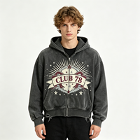 Sweat-shirt à capuche zippé gris streetwear effet délavé vintage, motif CLUB 78, pour homme et unisexe, vente en gros