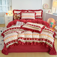 Parure de lit 4 pièces en velours de lait style européen 100 % polyester, motif plantes toutes saisons, édredon épais à volants motif sapin de Noël Fair Isle