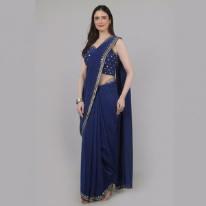 Conjunto de Diseño Real para Mujer, Estilo Saree con Chal, Color Azul, con Cuentas de Espejo y Lentejuelas, para Cada Ocasión - Product Image 1