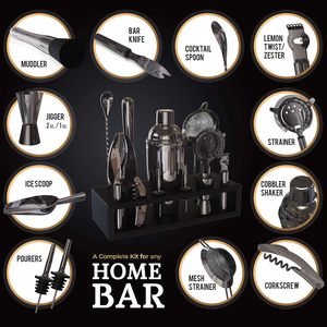 Juego de Coctelería Boston Shaker y Cobbler de 13 Piezas, Acero Inoxidable Pulido Negro, Kit de Barman para Bar en Casa - Product Image 2