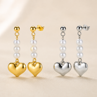 Boucles d'oreilles pendantes en acier inoxydable avec breloque cœur en perle et triple perle coquillage 36mm, bijoux de mode pour femme