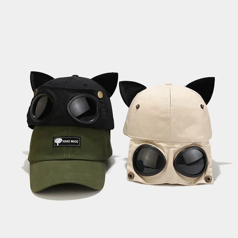 HT-2017 Street Cute Cat Ear Pilot berretto da Baseball Hip-hop divertente con due occhiali da sole e berretto pescatore cappello da pescatore Logo personalizzato