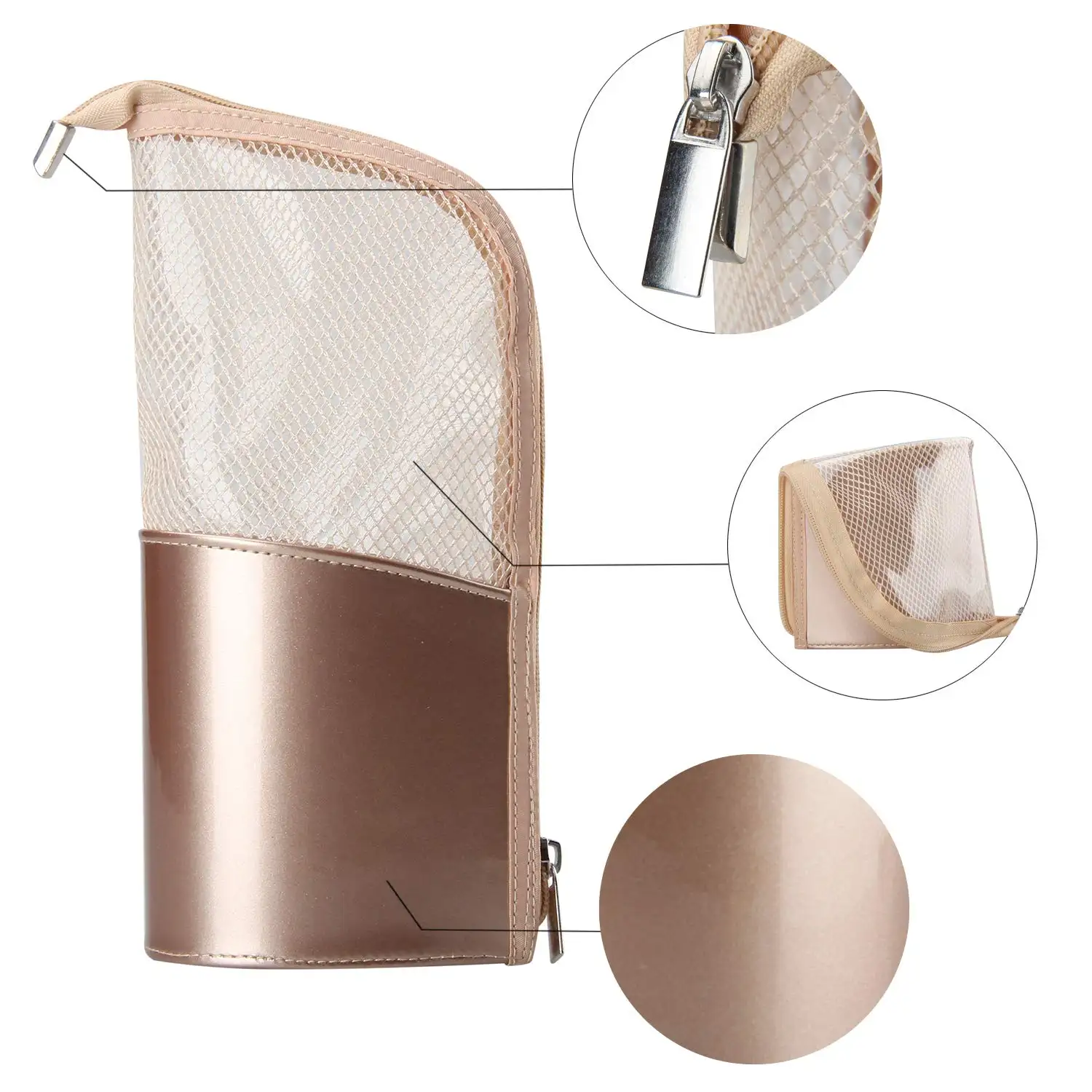 Travel Makeup Brush Bag, Portable Rose Gold Waterproof Stand-Up PVC Makeup Brush Pouch