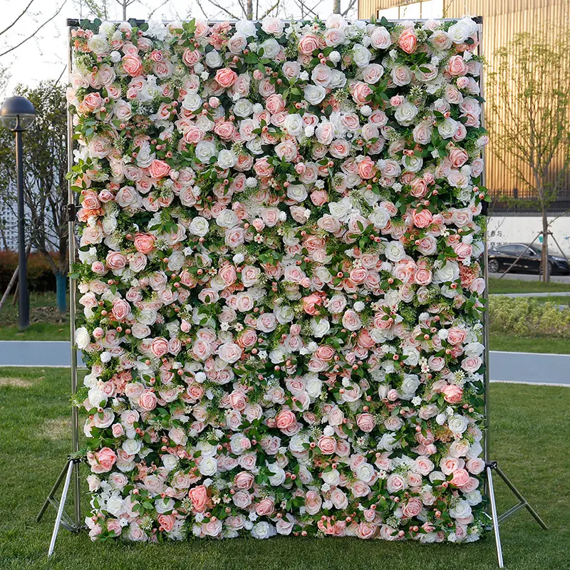 קישוט חתונה מותאם אישית דקורטיבי 5d 3d ורד קיר רקע 8ft X 8ft רול אפ משי קיר רקע פרח מלאכותי
