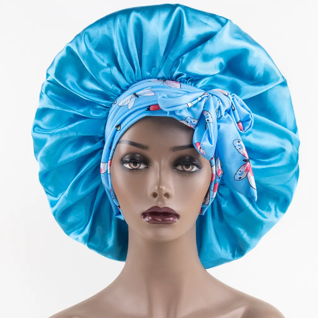 TB-707 New Satin Nightcap Amazon Head Wrap Sleep Night Caps Hot Sale Wide Brim Long Tail Ribbon Print Large Bonnet With Tie Band