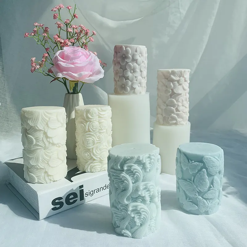 DIY Aromatherapy Gypsum 3D Relief Cylindrical Candle Mould Flower Butterfly Waves Cylindrical Aroma Candle Mold