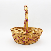 Panier de rangement de pique-nique tissé à la main, manche rond et haut avec décoration, panier portable de fleurs fraîches, tranche de bois, osier