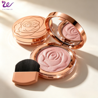 Fard à joues professionnel 3-en-1 Lilywild ODM, marque privée, végétalien, longue tenue, haute pigmentation, fini scintillant, boîtier rose doré, poudre pour le visage