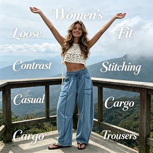 Pantaloni Cargo da <span class=keywords><strong>Donna</strong></span> Personalizzati Best-Seller, Larghi a Gamba Larga con Cuciture a Contrasto, Casual Estivi con Coulisse in Vita, per Uso Quotidiano - Product Image 1