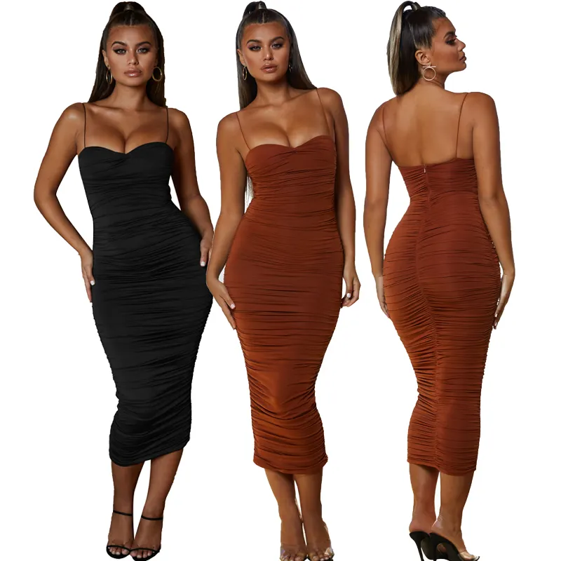 Wholesale Clothing Double Layers Seamless 2020 New Women Elegant Ruched Maxi Casual Sexy Party Bodycon Club Long Dresses