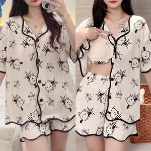 2026 Summer Women Pajamas Set With Chest Pad Short Sleeve Shirt and Pant Cartoon Printed Loose Casual Home Wear Set With Bra - Product Image 5