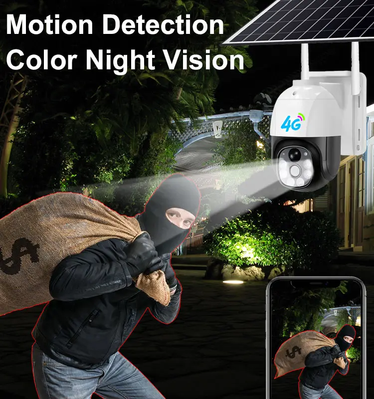 Caméra solaire extérieure PTZ 4G carte SIM 3MP WiFi caméra de sécurité IP à énergie solaire avec vision nocturne couleur pour la construction agricole
