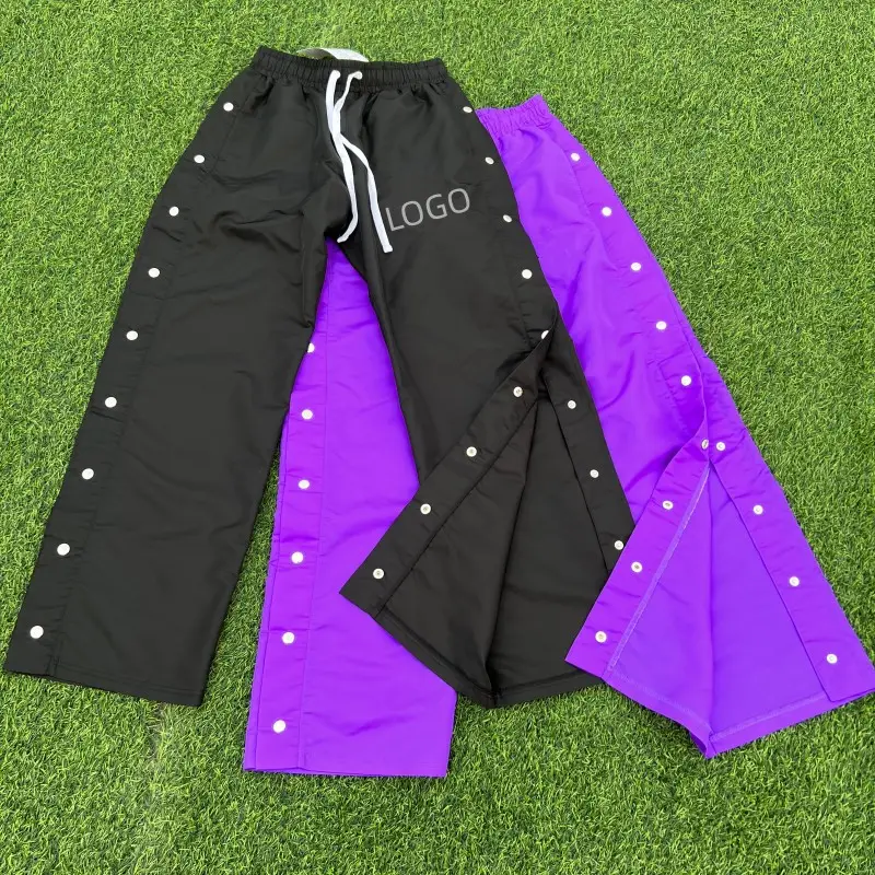 Custom Wide Leg Stacked Pants Polyester Joggers Flare Baggy Nylon Cargo Track Pant With Button Design