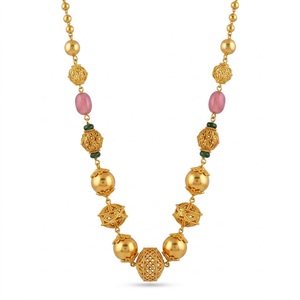 Collar Mala Antiguo de Plata 925 con Cuentas Rosas y Diseño de Bola Dorada, Joyería Hindú Étnica Tradicional para Mujer, Regalo de Boda - Product Image 1