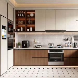 Cuisine modulaire populaire, armoires de luxe en stratifié, espace de rangement, personnalisation haut de gamme avec plan de travail en marbre et robinet - Product Image 1