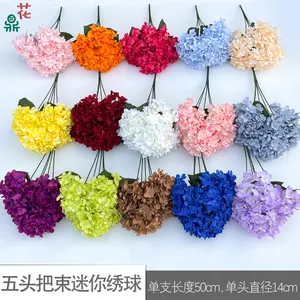 5 Head Bouquet Mini Hydrangea Wedding Flower Wall Decoration Silk Flower Wedding Welcome Base Artificial Flowers