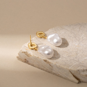 Faux Pearl Stud <b>Earrings</b> Geometric Irregular Shape 14k Gold <b>Post</b> Party Fashion Drop <b>Earrings</b> - Product Image 1