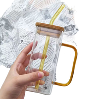 Mug carré en verre borosilicate de haute qualité 400 ml avec couvercle en bambou naturel et poignée ergonomique pour café chaud ou lait froid