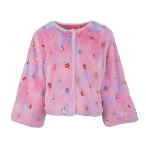 Veste en peluche tie-dye rose et bleue pour filles, hiver 2026, avec ornements 3D de dessins animés, col rond, coupe courte, pour les 3-14 ans - Product Image 2