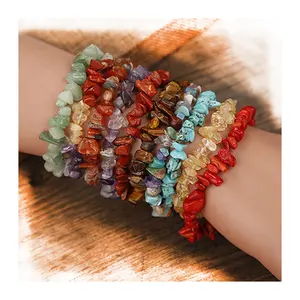 Pulseira de pedra de cristal natural, pulseira com pedra de cristal natural chipped de cura 7 chakra, pulseiras personalizadas para meninas coloridas