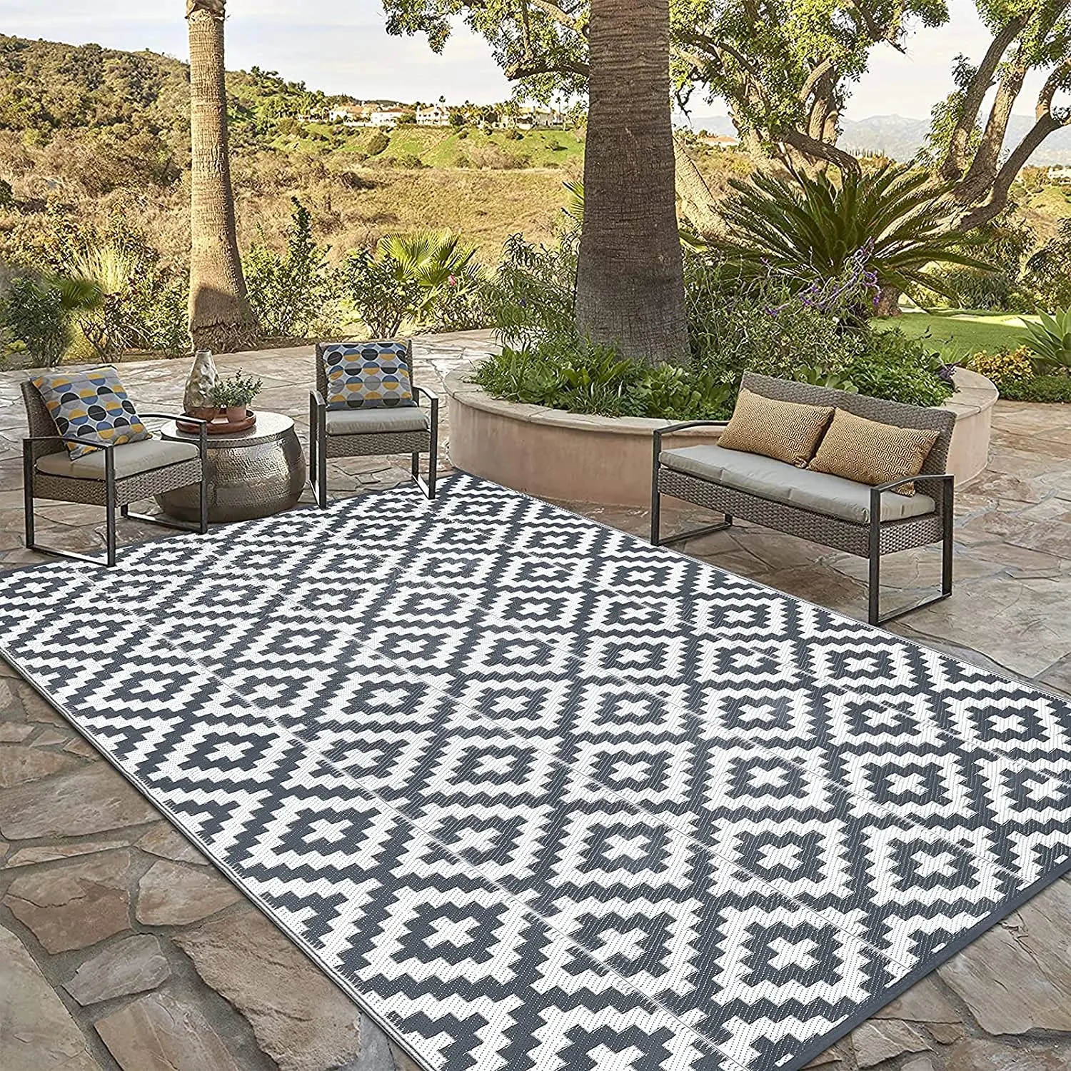 Tùy Chỉnh Bảo Vệ Môi Trường Và Chống Lão Hóa Nhựa Không Thấm Nước Ngoài Trời Rug Patio Rug Reversible Trong Nhà Nhựa RV Rug