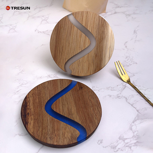 Acacia Wood Epoxy Resin Round Luxury Handcrafted Drink Mats Unique Blue Stream Design Thick Wooden <b>Coaster</b> Home Decor - Product Image 1