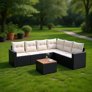 Black And Cream Garden <b>Sofa</b> <b>Set</b> Outdoor Rattan Furniture With High Density Foam Cushions Contemporary Design Waterproof - Product Image 2