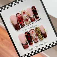 TSZS Faux Ongles à Presser Faits Main, Forme Cercueil, Longueur Moyenne, Automne, Motif Fleur 3D, Couleurs Or, Marron, Rouge, Nude, Réutilisables, Vente en Gros