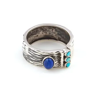 Best Selling Textured 925 Sterling Silver Turquoise And Lapis Lazuli Ring Beautiful Hand Craved Bulk Supply