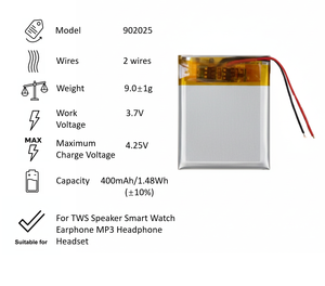 Baterai litium polimer 902025-<span class=keywords><strong>2</strong></span>, baterai pengganti <span class=keywords><strong>2</strong></span> kabel 400mAh 3.7V 902025, baterai isi ulang kapasitas tinggi - Product Image 3