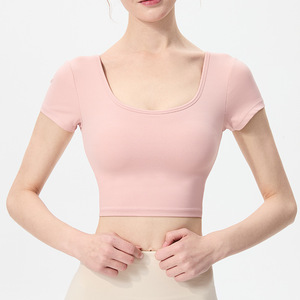 Top de Yoga con Copas Fijas para Mujer, Manga Corta, Cuello Redondo, Espalda Recortada, Sensación de Algodón Suave como una Nube, Ropa Cómoda para Entrenamiento - Product Image 1