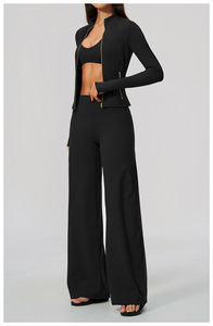 Women Blue Casual <b>Short</b> 2 Piece <b>Set</b> Sleeveless Zipper <b>Top</b> Wide Leg Pants Breathable Knitted Polyester Striped Spring/Summer - Product Image 5