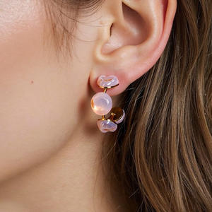 <b>Stud</b> <b>Earrings</b> Pink <b>Opal</b> Stone Gold Plated Geometric Design Fashion Jewelry - Product Image 1