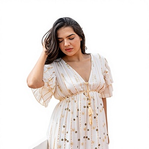 Vestido Midi Color Marfil con Estampado Dorado, Estilo Bohemio, de Algodón, con Estampado Digital, para Fiestas, Verano, Vacaciones, Corte en A - Product Image 1