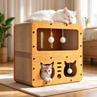 Tempat Tidur dan Tiang Garuk Kucing Dua Tingkat, Papan Padat, Kertas Bergelombang, Bebas Serat, Mainan Indoor