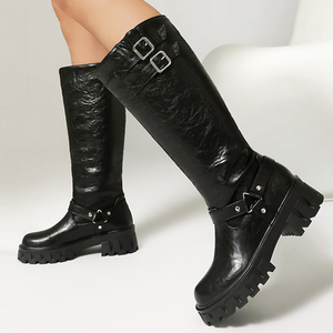 Wholesale Women Low Square <b>Heels</b> Long Knight Boots <b>Round</b> <b>Toe</b> Knee High Booties Metal Belt Buckles Ladies Thick Sole Shoes - Product Image 2