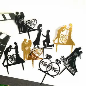 Mr dan Mrs Acrylic Kue Pengantin Topper Pengantin Cupcake Toppers Emas Hitam Persediaan Dekorasi Kue Pasangan