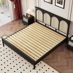 Italian Minimalist <b>Double</b> 1.8m Solid Wood Black <b>Bed</b> Platform Frame Rattan Headboard Bedroom Furniture - Product Image 2