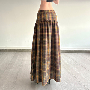 Plaid Contrast Color Cotton a Line Maxi Skirt Natural Waist Summer Casual Preppy College Style Flared Hem Breathable - Product Image 6
