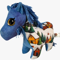 Nouvelle conception de peluche de cheval bleu avec rembourrage en coton PP et impression de scène de neige, poupée de cheval mignonne en polyester et coton