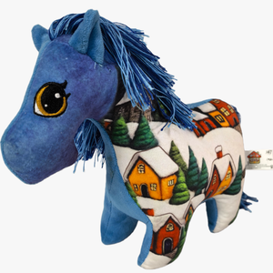 Nuovo Design Peluche Cavallo Blu con Imbottitura in Cotone PP e Stampa Scena Invernale in Poliestere e Cotone, Simpatico Pupazzo Cavallo - Product Image 1