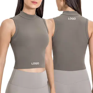 DSS102 Damen-Yoga-Weste mit Hohem Nacken gerippte Oberteile Trainingshemden ärmelloses Yoga-Crop-Top