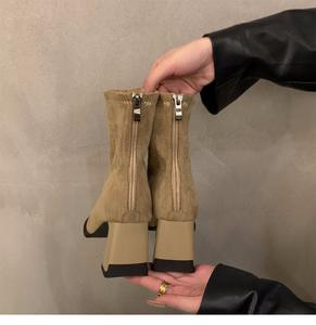 Botas de tacón alto y grueso para mujer, con punta cuadrada y cremallera trasera, ajustadas, ideales para otoño e invierno, informales, para oficina, botines. - Product Image 6