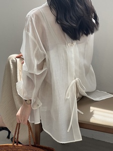 <span class=keywords><strong>Chemise</strong></span> légère à boucle de style chinois pour <span class=keywords><strong>femme</strong></span>, nouvelle collection d'été, haut à fente dorsale - Product Image 3