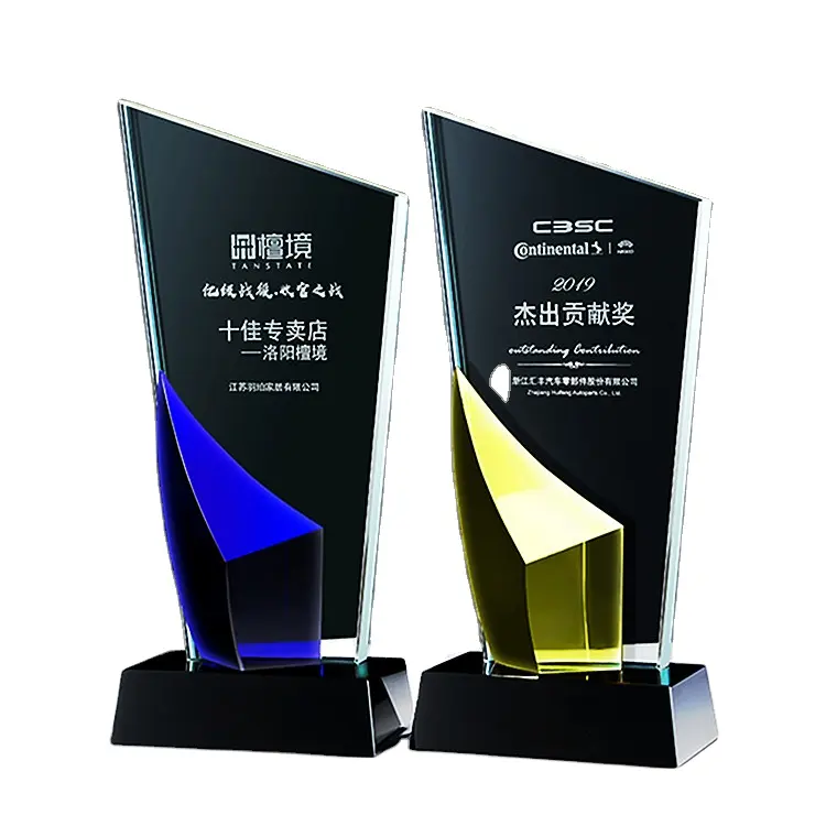 Dh Aangepaste Award Event Souvenirs Blauw Geel K9 Blank Crystal Glas Trofee