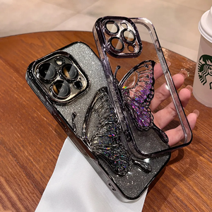 Fancy Mạ 3D Long Lanh Cát Lẫy Bướm Trường Hợp Điện Thoại Cho iPhone 16 15 14 13 12 Pro Max Đầy Đủ Bọc Ống Kính Bảo Vệ Bìa - Product Image 2