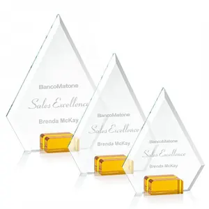 Bulk Yellow Base Annual Company Rewards Souvenir Custom Engrave Crystal Award Trophy Glass Plaque