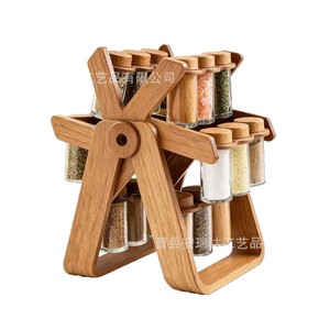 Wooden <b>Rotating</b> <b>Spice</b> <b>Rack</b> With Glass Jars Airtight Storage For Kitchen Countertop Organization - Product Image 5